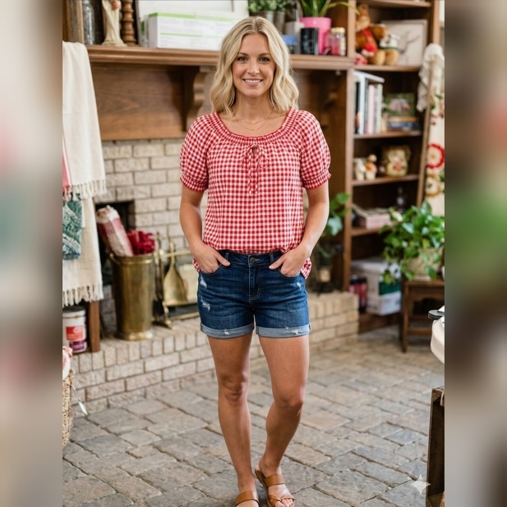 Belle Poque Red Gingham Smocked Neck Peasant Blouse